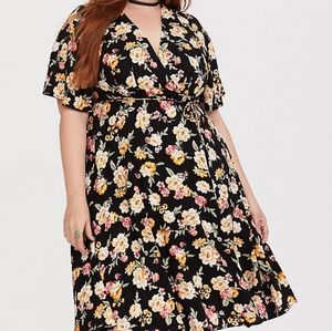 BLACK FLORAL CHALLIS MIDI DRESS